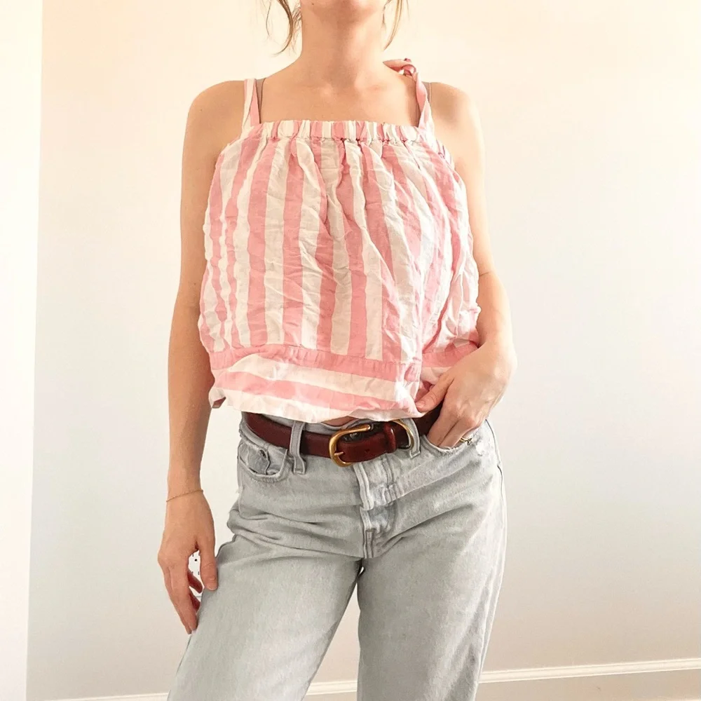 J.Crew Pink Striped Linen Tie Strap Tank Top